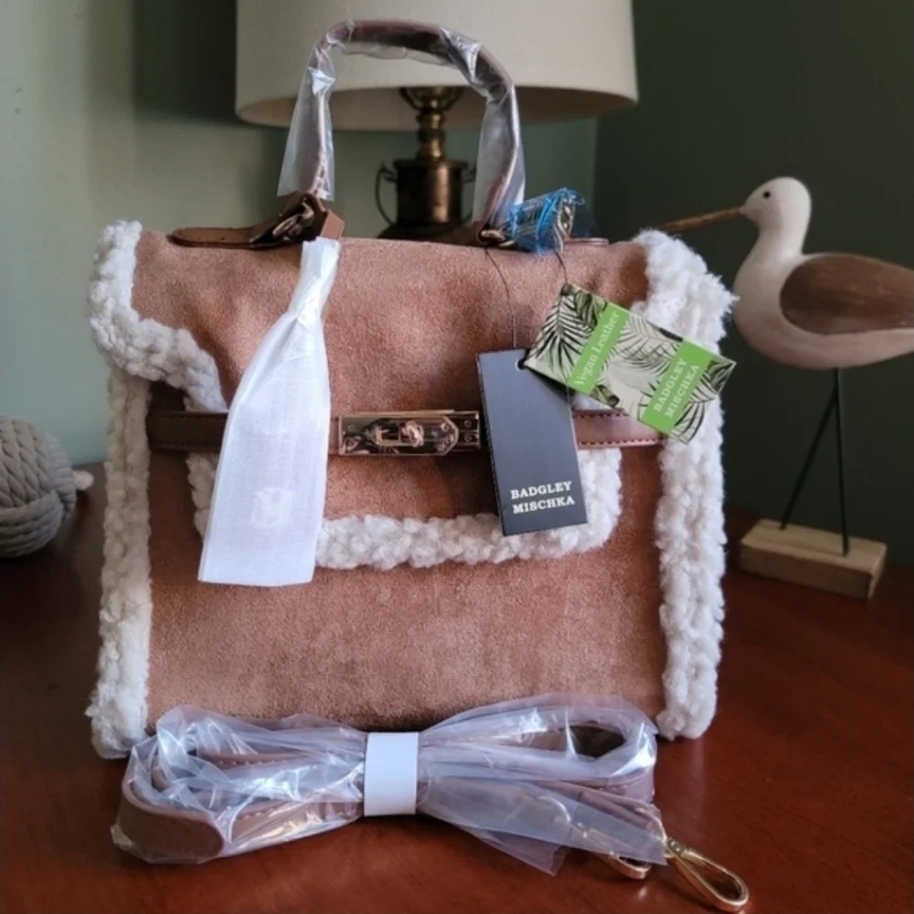 NWT Badgley Mischka Faux Shearling Teddy Satchel Crossbody Bag